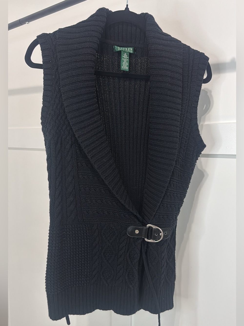 Lauren Ralph Lauren Cozy Black Cable-Knit Sleeveless Cardigan Vest Cotton Blend